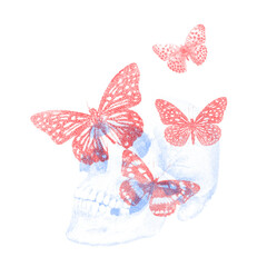 Risograph Print of Skull with Butterflies. Surreal Vintage Illustration