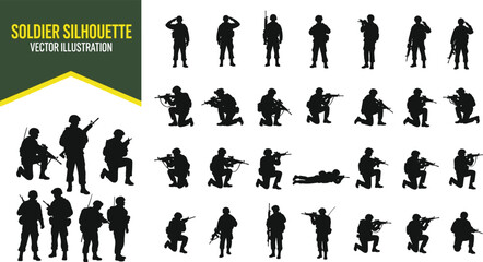 Soldier silhouette vector illustration, military poses, combat stances, army action figures, tactical movements, black silhouettes, warfare concept, armed forces
