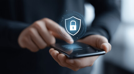 Cyber security concept person logging in on smartphone modern office digital environment close-up view