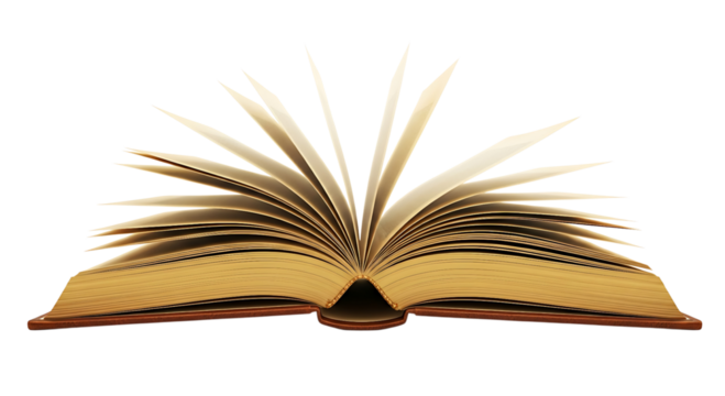 An open book with yellowed pages, isolated on transparent background