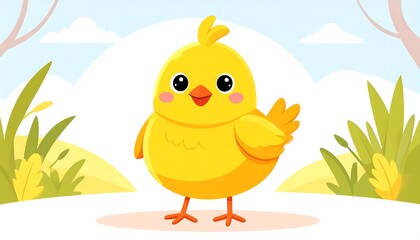 Cute chick in spring landscape