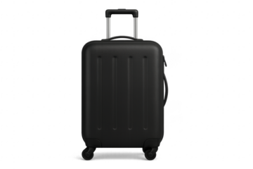 Black rolling luggage suitcase standing on transparent background