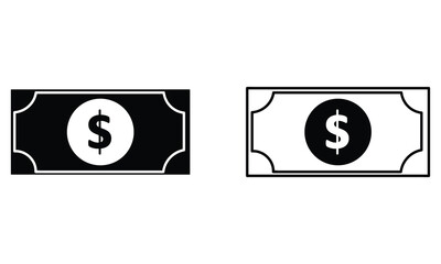 Minimalist black and white dollar bill icon pair in flat vector design featuring solid and inverse silhouettes symbolizing money and finance