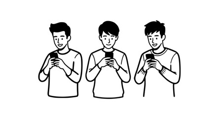 Three young men holding smartphones and looking at their screens