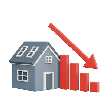 Real estate market crash 3D icon with house and falling red arrow, property value decrease and mortgage crisis concept, financial housing recession with declining bar chart on white background.