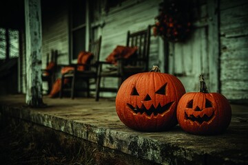 Fototapeta premium Serene front porch elegance: fall decor delight. Action poster. Spooky and seasonal: jack o' lanterns welcome fall on the porch. Scifi poster. Poster illustration.