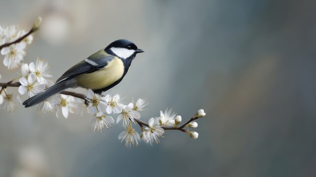 Parus caeruleus, spring flowers, delicate branch