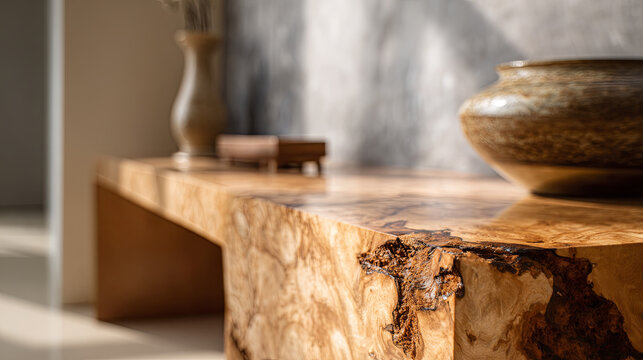 Live edge burl wood table displaying natural imperfections and organic texture, creating a minimalist wabi-sabi aesthetic in a contemporary interior