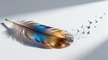 A colorful feather (gold, blue, purple) disintegrates into a flock of birds flying away freely, a surreal image symbolizing freedom, release, and transformation.