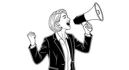 Woman speaks loudly into a megaphone announcing something exciting