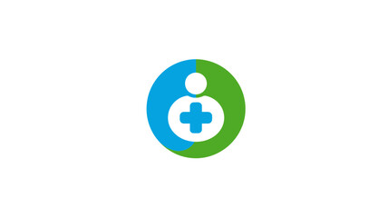 Modern health and medical care icon with a stylized person and cross symbol in a blue and green circle, representing wellness and support