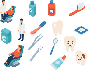 Isometric vector illustration of dental care elements including dentist, patient, toothbrushes, toothpaste, teeth, and dental tools, representing oral hygiene and dentistry.