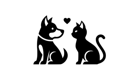 Adorable black dog and cat showing affection with a heart above them
