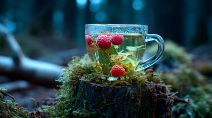 Refreshing raspberry herbal tea in a forest setting