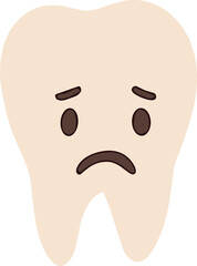 Flat  illustration of a sad tooth character with a frown and worried eyes, symbolizing toothache, dental problems, or poor oral hygiene.