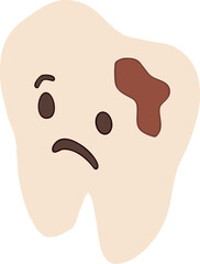 Flat  illustration of a sad tooth with a brown cavity spot, symbolizing tooth decay, poor dental hygiene, and oral health problems.