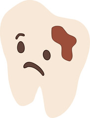 Flat  illustration of a sad tooth with a brown cavity spot, symbolizing tooth decay, poor dental hygiene, and oral health problem