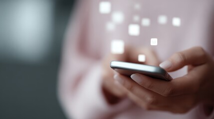 Woman on phone, floating notification icons, social media, tech focus