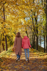 A walk through the autumn park. Mom and daughter are walking with bouquets of maple leaves.  Selective focus