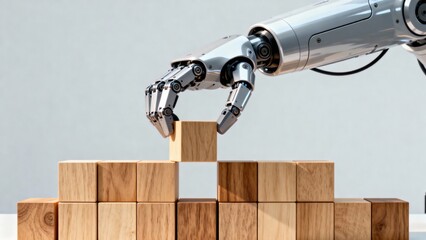 A robotic hand carefully places the final wooden block on top of a structure built from many wooden blocks, symbolizing development and technological progress.