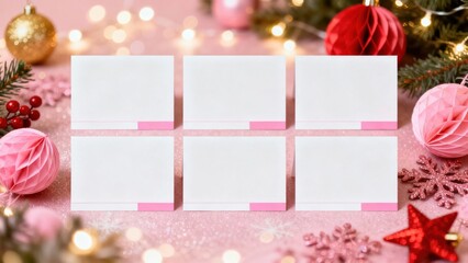 Six blank cards are arranged in two rows on a sparkling pink background, surrounded by pink and gold Christmas decorations, ready for a message.