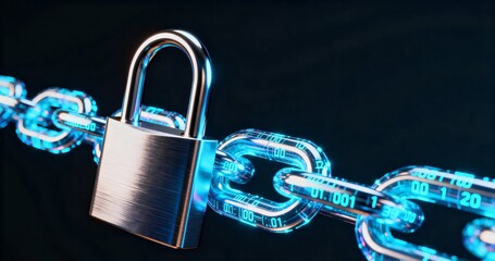 A metal padlock is locked onto a chain that glows with blue light and displays digital code, representing data security in the cyber world and blockchain technology.