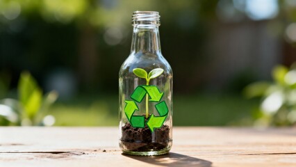 A young plant grows from soil inside a clear glass bottle, which has a green recycling symbol painted on it, symbolizing environmental conservation and sustainability.