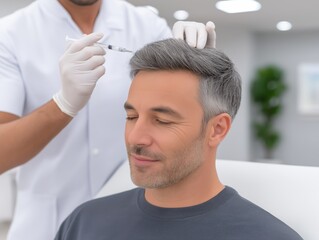 Fototapeta premium Male patient receiving hair restoration treatment in a modern clinic, with a focused practitioner administering injection, showcasing advanced aesthetic procedures and professional care