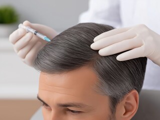 Naklejka premium Male patient receiving hair restoration treatment in a modern clinic, with a healthcare professional administering an injection, showcasing advanced cosmetic procedures for hair growth