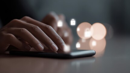 A programmer is browsing the Internet in a smartphone to protect cyber security from hacker attacks and save clients confidential data. Hologram icons over the typing hands