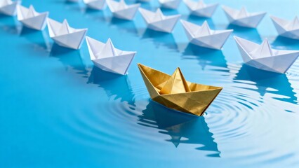 A single golden paper boat sails ahead of a fleet of white paper boats on clear blue water, symbolizing leadership, courage, and being a pioneer.