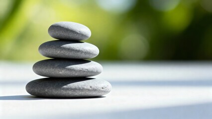 Four smooth, rounded stones are stacked in perfect balance on a white surface, with a blurred green garden background, symbolizing peace, concentration, and life balance.