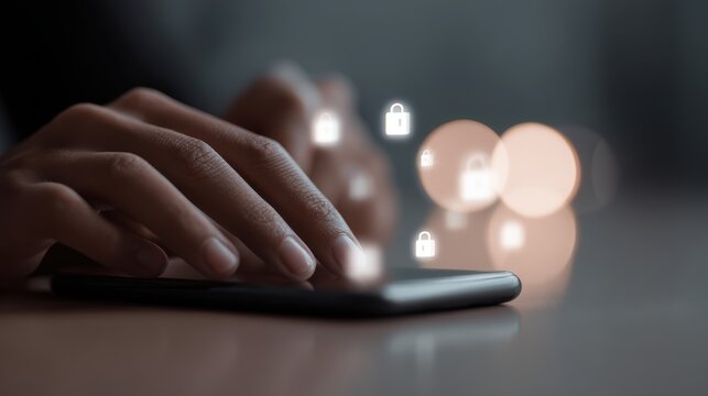 A programmer is browsing the Internet in a smartphone to protect cyber security from hacker attacks and save clients confidential data. Hologram icons over the typing hands
