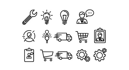 Collection of Simple Business Icons Representing Services and Concepts