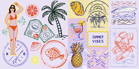 Summer collage featuring a woman in a bikini tropical fruits beach elements and ocean life with a retro vibe