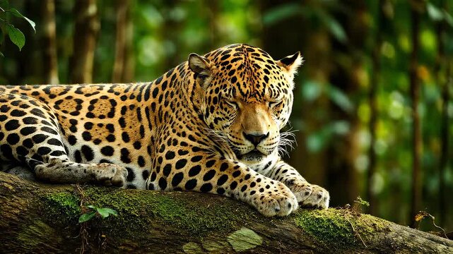 A majestic spotted jaguar rests on a mossy tree branch in a lush green jungle forest environment