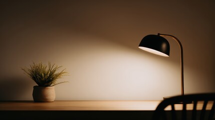Minimalist desk setup, warm lamp light, decor, plant, wall organizer