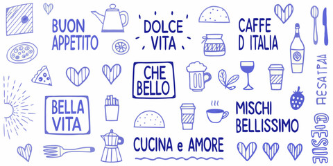 Italian phrases and doodles celebrating food coffee wine and the sweet life