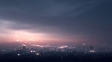 Modern city skyline, subtly integrated with glowing lines and nodes representing a network.