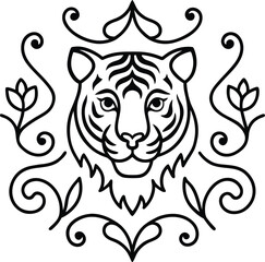 jungle tiger surrounded by ornamental tribal elements illustration on transparent background