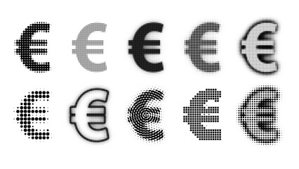 Halftone Vector set of Euro Symbols, Euro Currency in Halftone Patterns
