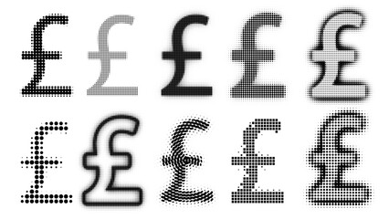 Halftone Vector set of Pound Sterling Symbols, Pound Sterling Currency in Halftone Patterns