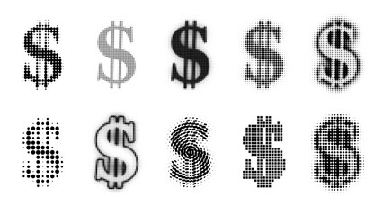 Halftone Vector set of Dollar Signs, Us Dollar Currency in Halftone Patterns