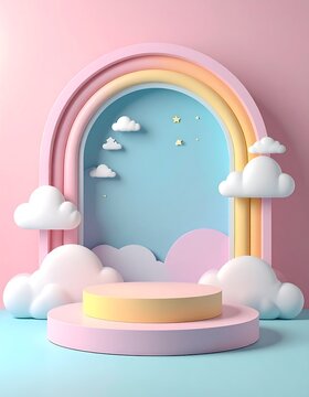 Pastel-colored podium scene with rainbow arch and fluffy clouds