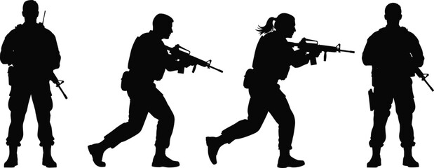 Soldier silhouette vector, tactical stance collection, rifle pose illustration, military gear design, combat readiness artwork, black graphic image