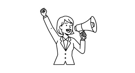 Woman Announcing Information Loudly with Megaphone and Fist Raised