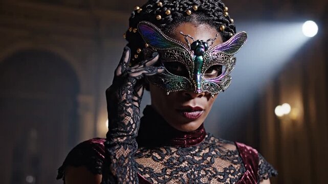 Woman in venetian mask and lace gloves posing under dramatic lighting