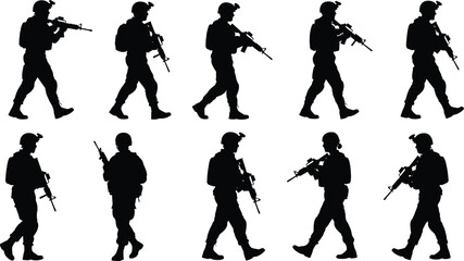 Soldier silhouette vector, walking and standing poses, armed forces illustration, tactical movement design, military gear, black graphic artwork