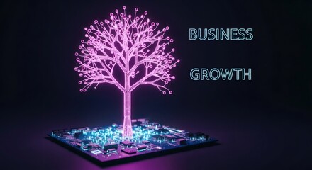 Digital circuit tree with glowing branches emerging from a motherboard. Business growth concept with technological innovation for future development.