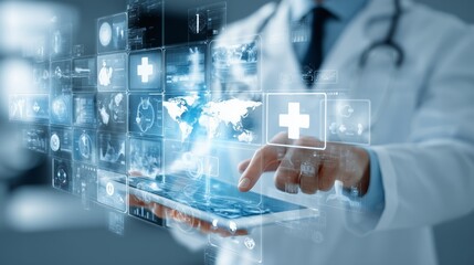 Doctor touching virtual screen showing medical information and world map